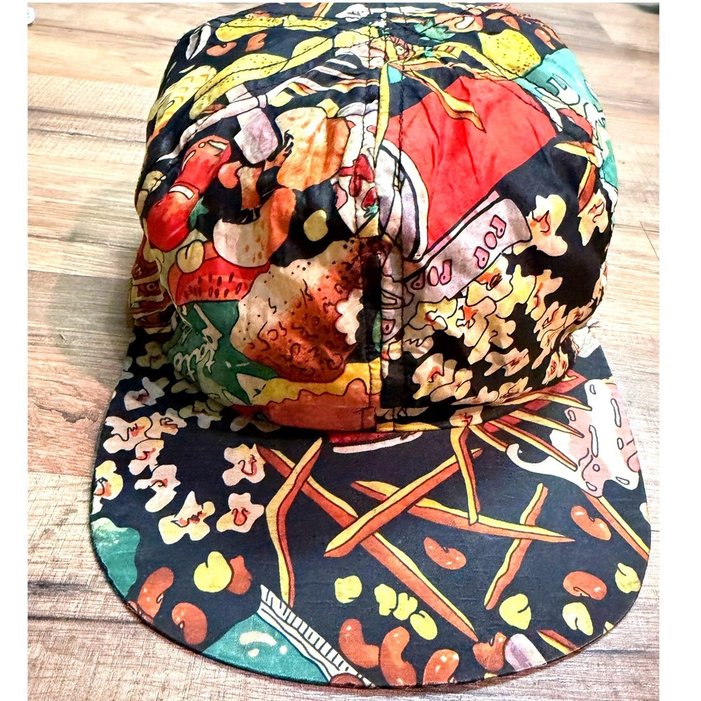 90s Vintage Rare Nicole Miller Silk Hat Junk Food Fries popcorn hot dogs Pop Art